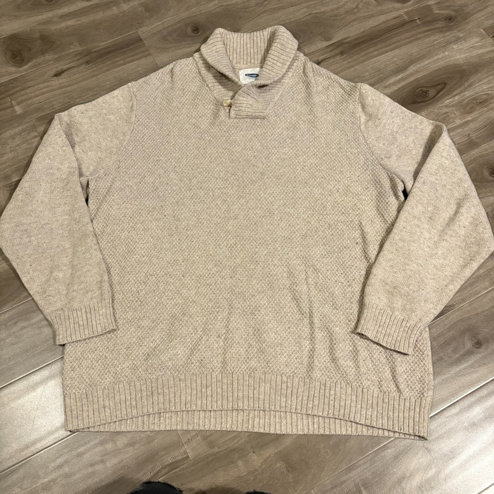 Old Navy Mens XXL Shawl Collar Sweater Beige Cotton Wool Blend Textured Pullover